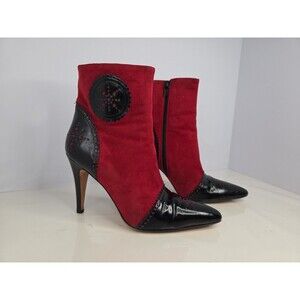 Todd Oldham Vintage High Heeled Red Suede & Black Patent Leather Zip Up Sz 37